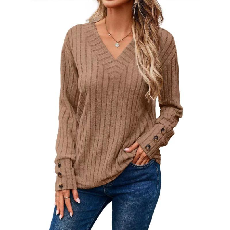 Spring Autumn Leisure Comfortable Pit Strips Matte V-neck Button Long Sleeve Solid Color T-shirt for Women