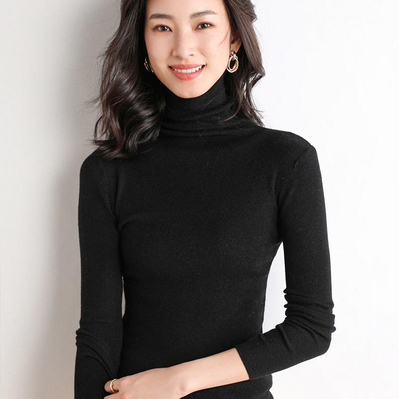 2023 Women's Solid Color Turtleneck Knit Sweater - Slim Fit Stretch Base Layer, Fine Imitation Wool, Stacked Collar for Autumn/Winter