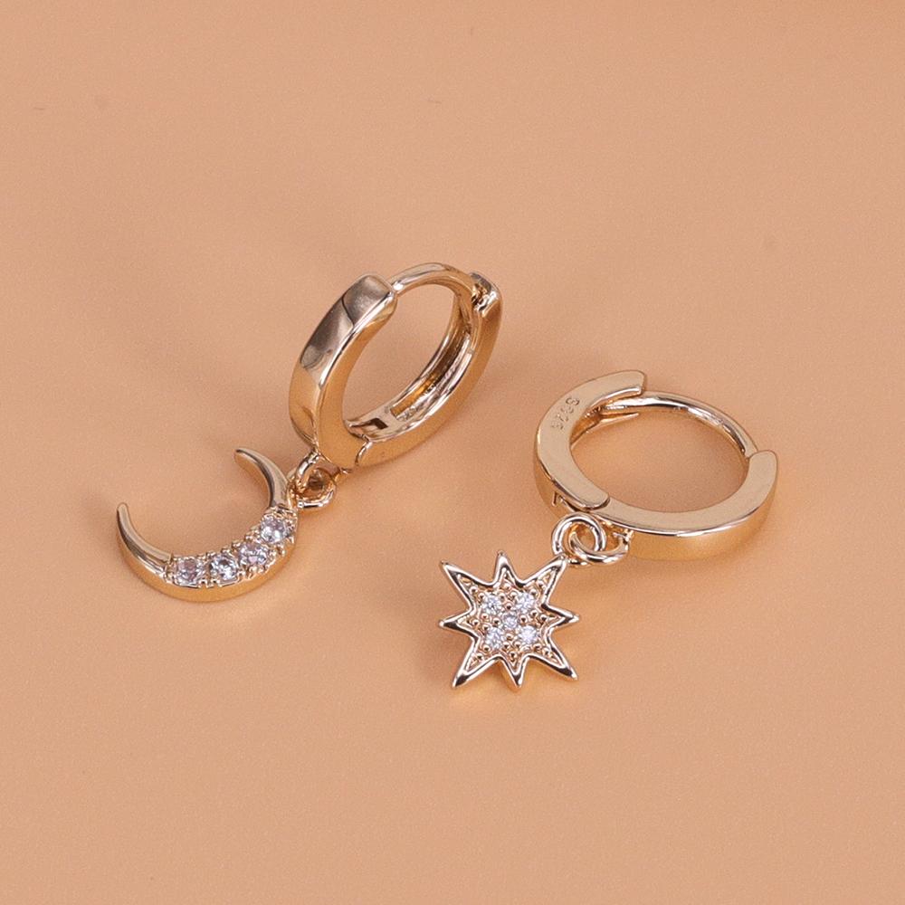 925 Silver CZ Star Moon Asymmetric Hoop Earrings for Women Girls Gold Silver Color Party Jewelry Gifts