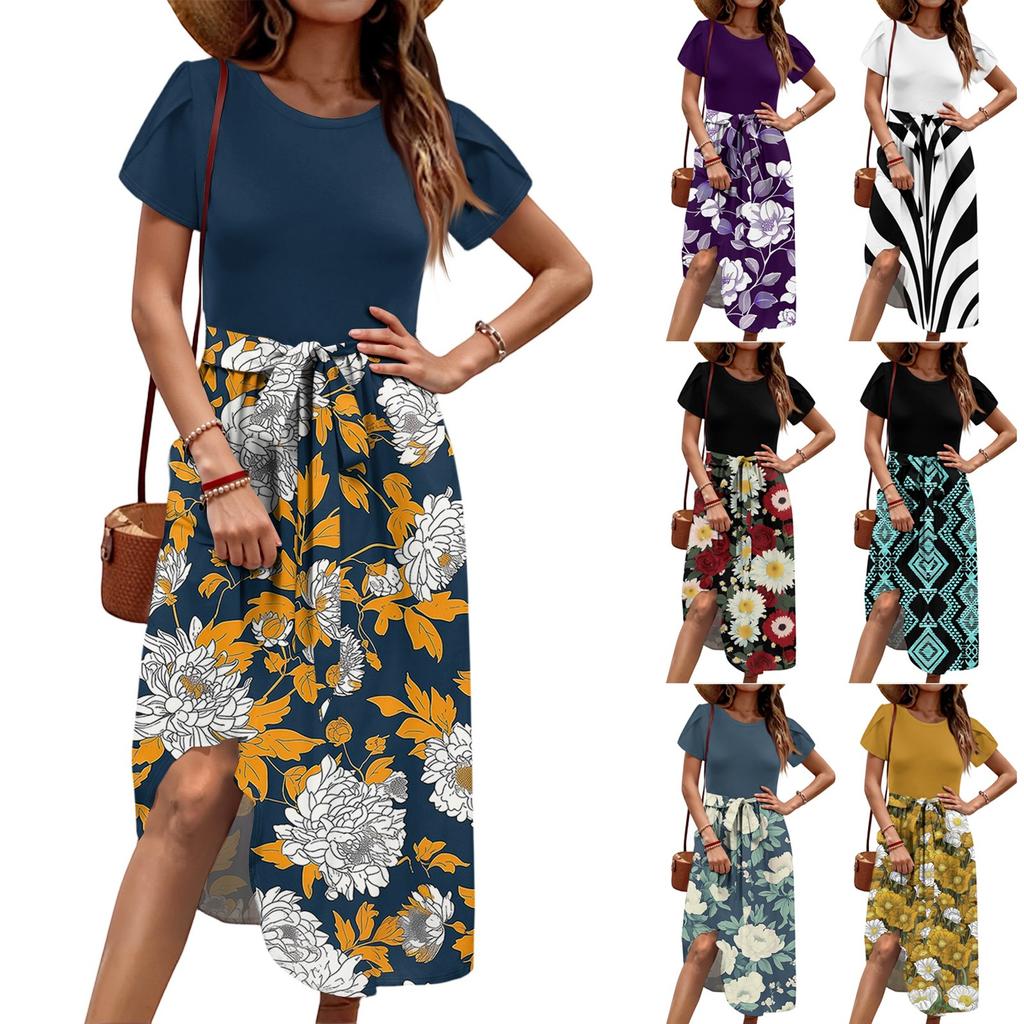 Women's Casual Cute Pattern Print Round Neck Midi Dress Basic Classic Outdoor Everyday Short Sleeve Loose Dress