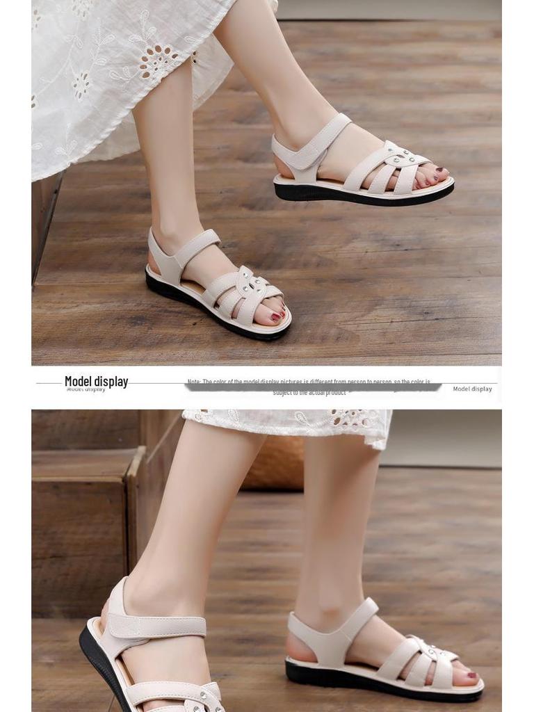 Сандалии со стразами на липучке: Модная, дышащая летняя обувь для женщин среднего возраста и пожилых бабушек.