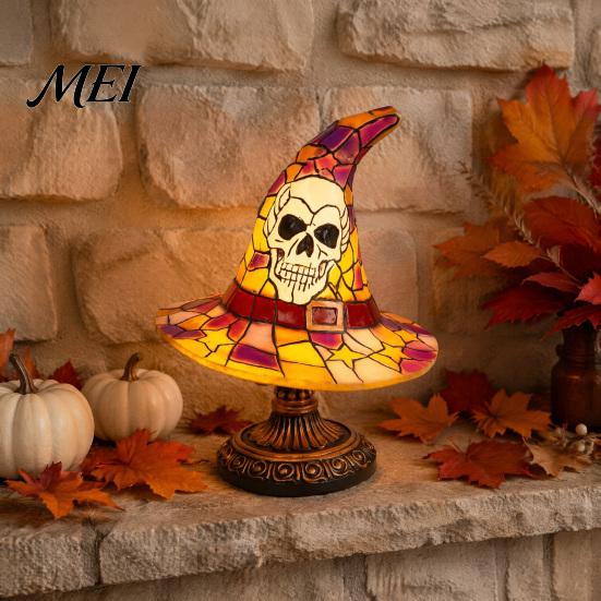 Halloween Table Decorations Stained Glass Pumpkin Lamp, USB Powered Resin Night Light with Fall Home Accents Warm Glow, Gothic Desktop Decorative