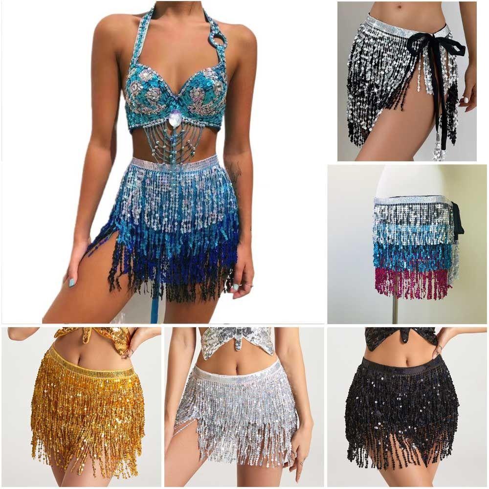 Bohemian Sequin Fringed Skirts Tassels Wrap Belts Show Dancer Skirt Women