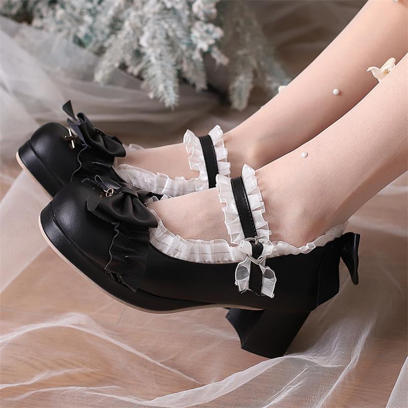 FOREADA Женские туфли-лолита Мэри Джейн с круглым носком, на толстом среднем каблуке, с пряжкой, бантом и оборками, кавайные модные женские туфли, весна-осень 46