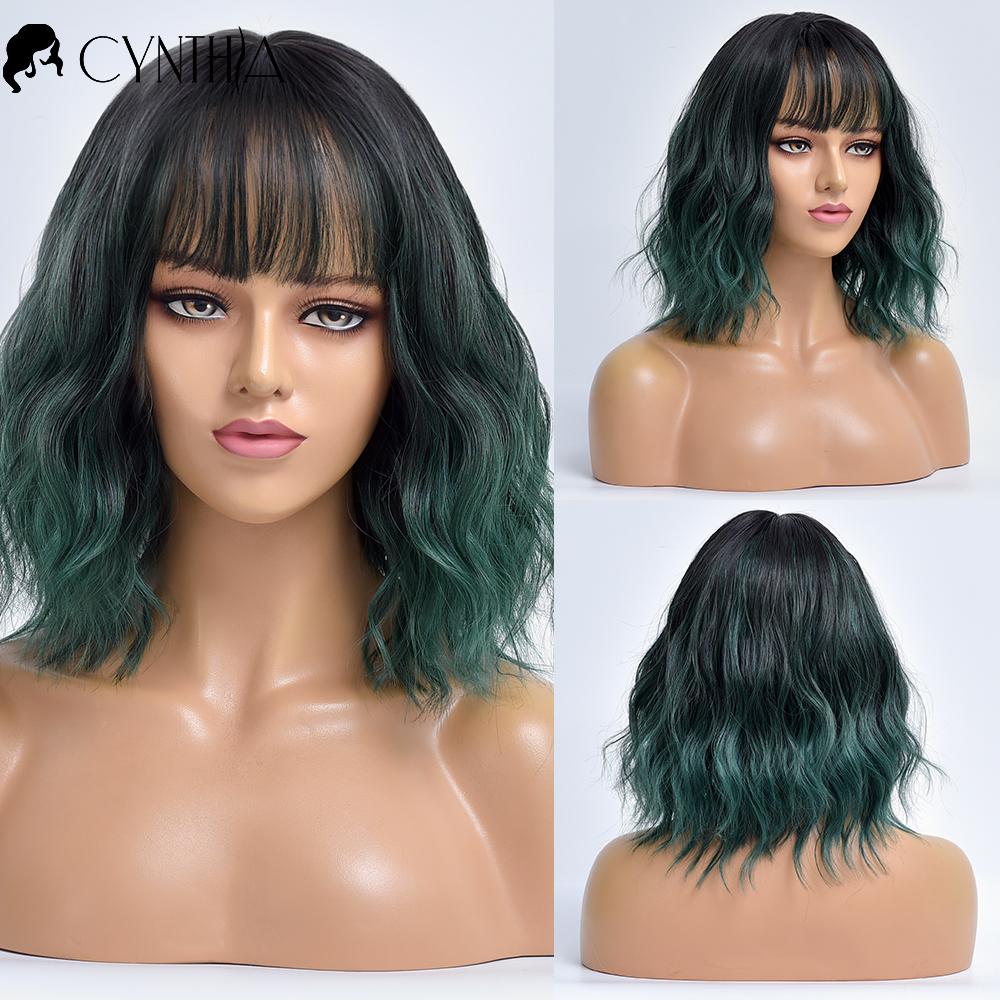 Ombre Blonde Короткий Боб Синтетический парик для женщин с челкой Белое золото Объемная волна Косплей Лолита Натуральные термостойкие волосы