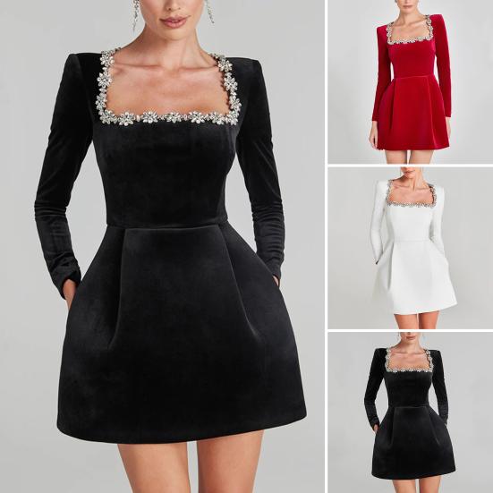 Женское платье со стразами, квадратным вырезом, длинными рукавами, однотонное мини-платье А-силуэта, длиной выше колена, осенне-весеннее платье для свиданий и вечеринок