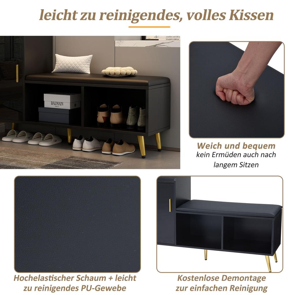 Schuhbank Schwarz Hochglanz Sitzbank Stauraum, gepolstert, 1 Schranktür, 2 offene Fächer, Schuhregal Flur, Eingang, Wohnzimmer, bis 100 kg