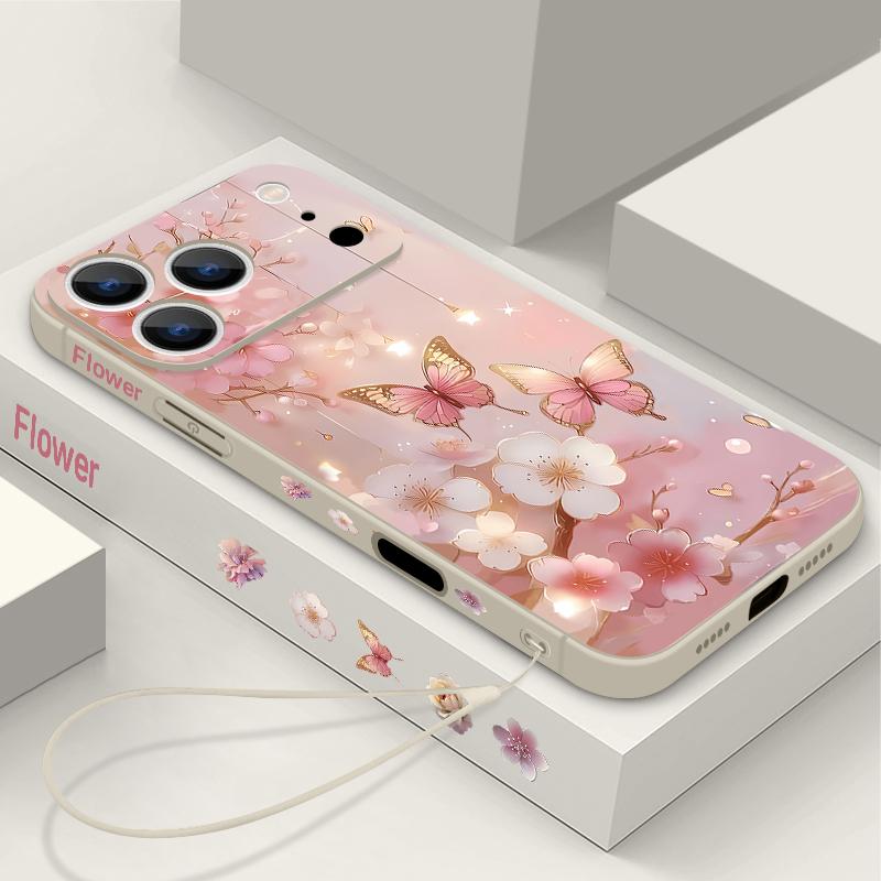 For iPhone 17 Pro Max Case Dream Butterfly Floral Pattern Soft Silicone Lanyard Cover For iPhone 16 Pro Max Cover iPhone 15 14 13 12 11 16E