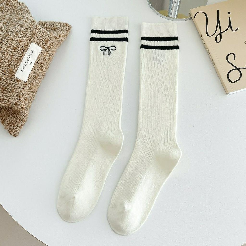Носки до колена JK Academy с бантиком | Микрокомпрессионные утягивающие носки с двойной полоской и вышивкой для женщин - Простой стиль