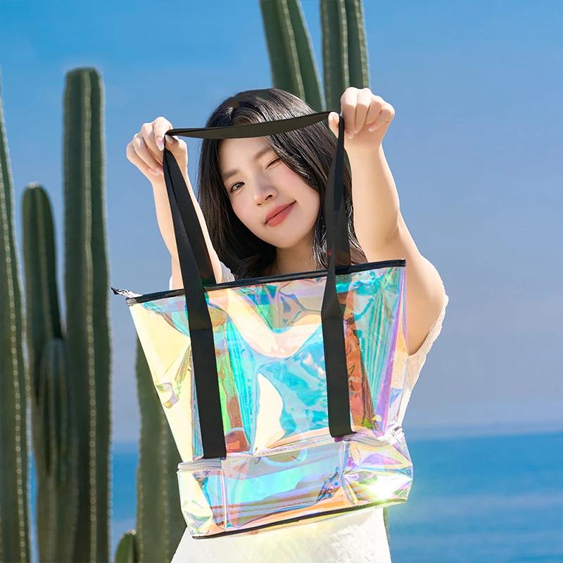 Large Capacity Waterproof Women's Tote Bag Colorful Transparent Casual Shoulder Handbag for Summer Beach Swimming Versatility