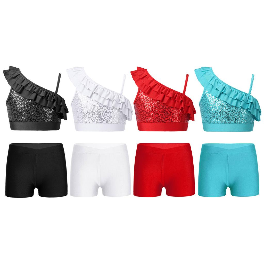 Девочки Комплект из блестящего укороченного топа и шорт Асимметричные бретели-воланы Дизайн V-образный вырез Пояс на талии Шорты Соревнование по танцам