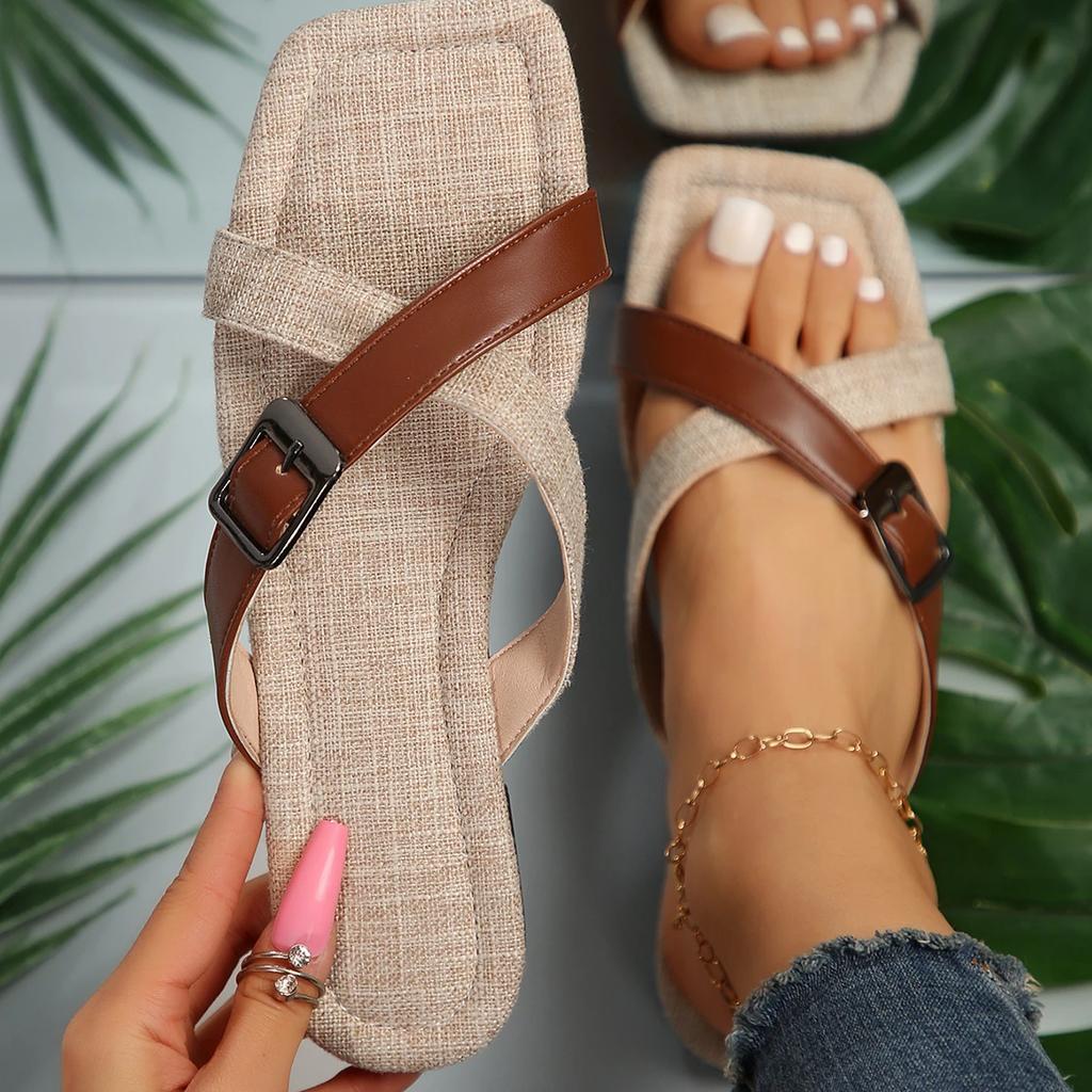 2024 2024 Brown Cross-strap Buckle Slippers Women Summer Walking Beach Sandals Brand Designer Flip Flops Casual Zapatos Female