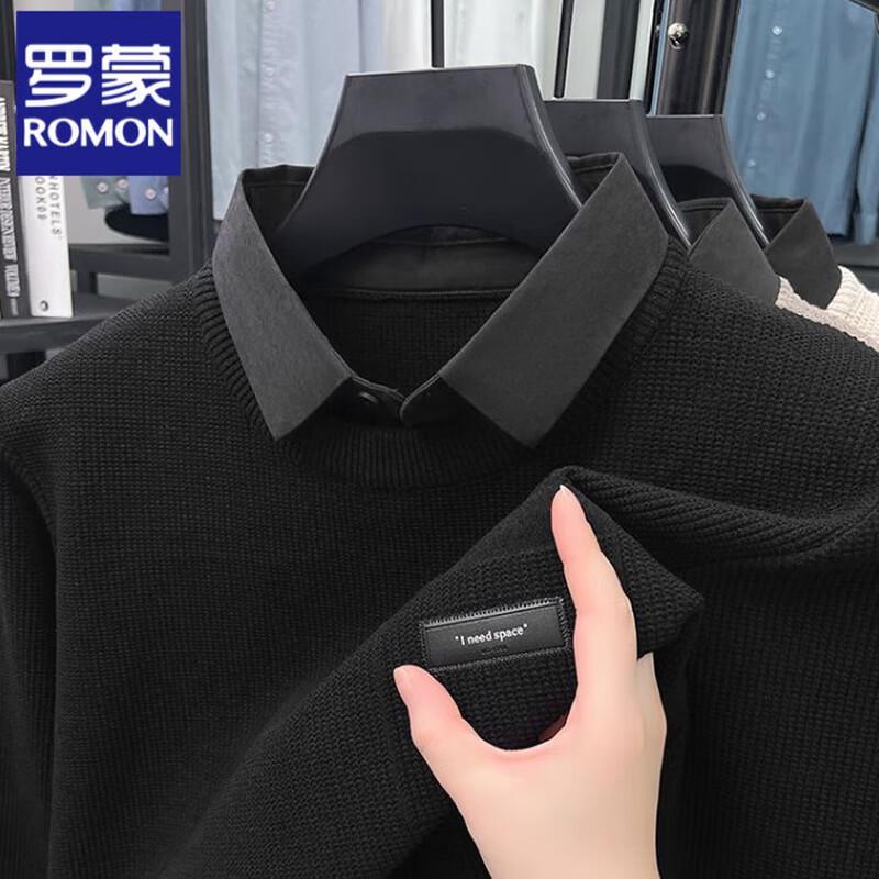 Romon Men's Faux Two-Piece Sweater with Shirt Collar