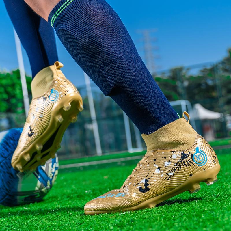 33-46 Men's High-top Football Boots Large Size Long Nails Leather Boys Soccer Shoes Nailing Anti -slip Football Boots