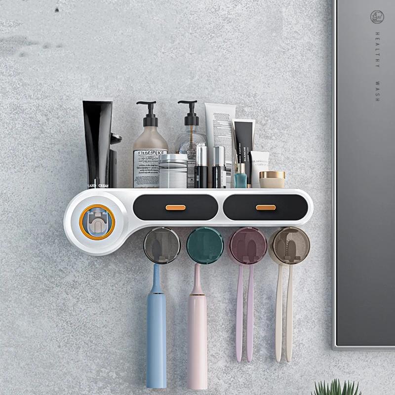 New Multifunctional Toothbrush Holder With Cups Wall Mounted Automatic Toothpaste Squeezer Bathroom Accessories Storage Rack