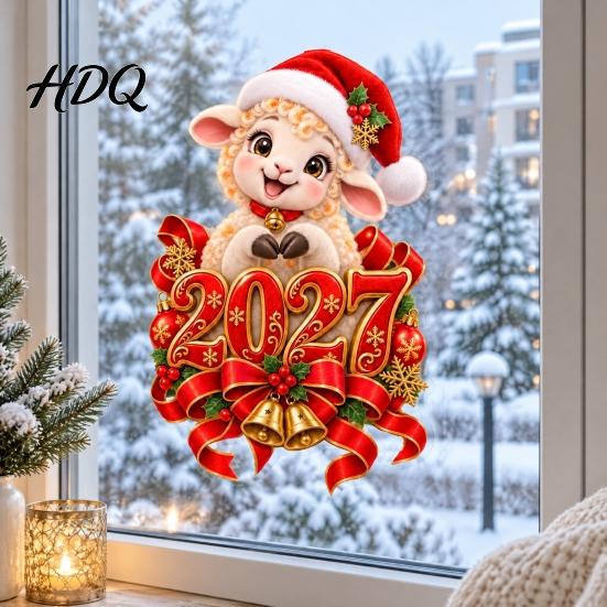Новогодние наклейки на окно Овечка Наклейка 2027 Статическая наклейка Рождественский мультфильм Легко наклеивать Наклейки на стеклянную поверхность Наклейка Коза с шапкой Санты и колокольчиками
