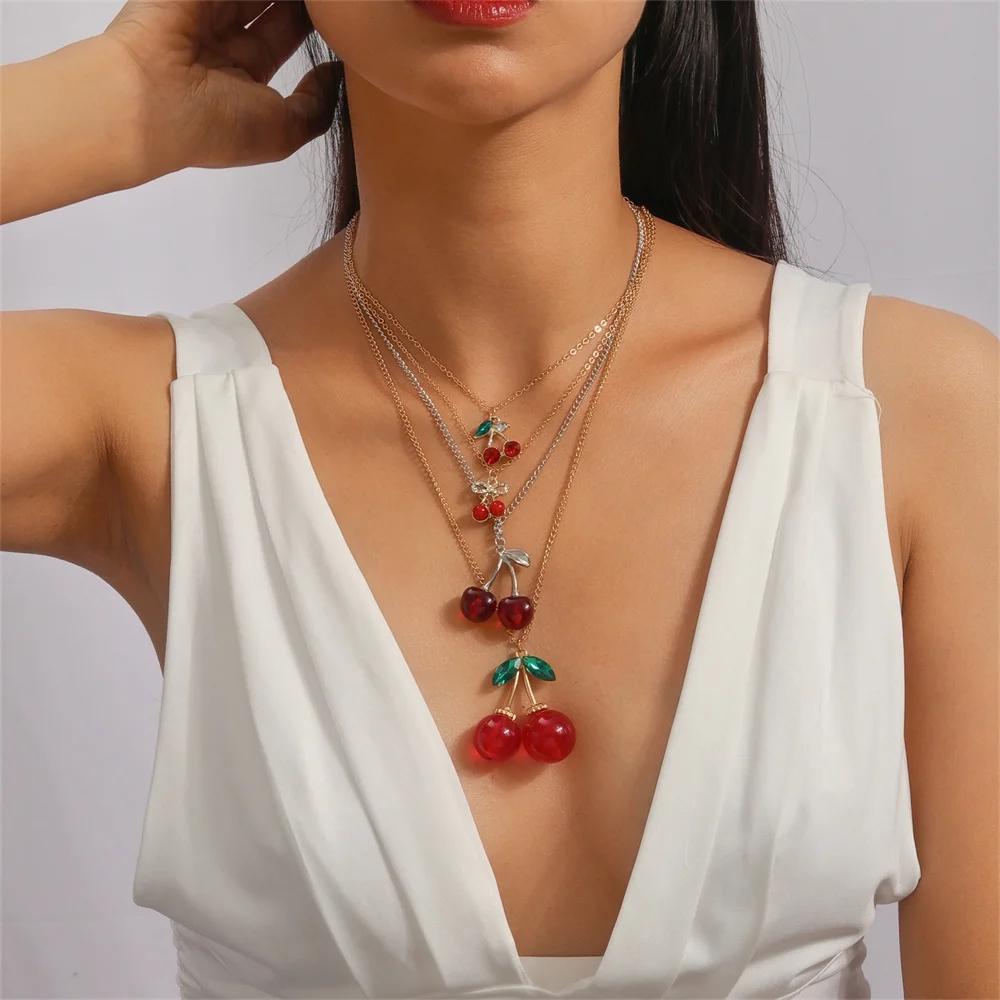Lovely Crystal Red Cherry Pendant Necklace for Women Girls Necklace Chain Birthday Party Jewelry Gifts
