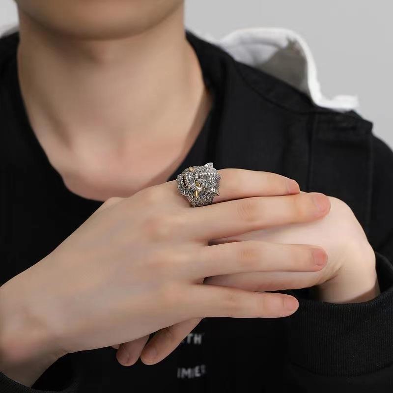 Мужские кольца Tang Lion в стиле ретро, властные, стереоскопические, рельефный дизайн, нейтральный стиль, кольцо для банкета, ювелирные изделия, регулируемые