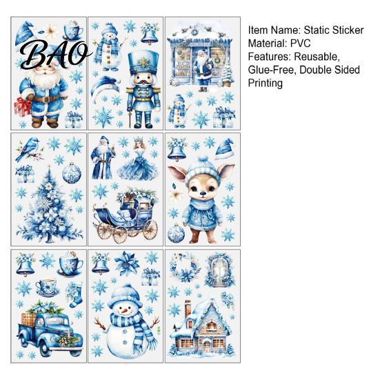 Snowman Window Decor 9Pcs Christmas Clings, Blue Santa Reindeer Static Stickers, Elk Glass Stickers Reusable Double Sided Xmas Decorations for