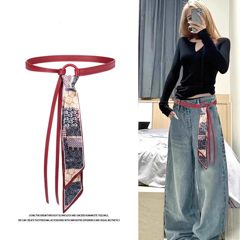 Винтажный красный шелковый шарф-пояс - Женский хип-хоп панк ленточный пояс с цепочкой для джинсов