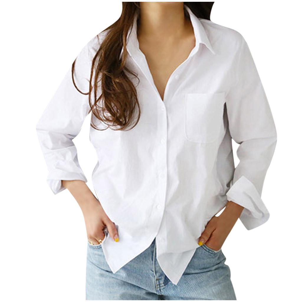 Fashion Women's White Blouse 2025 Chic Long Sleeve Lapel Button Up Shirt Tops Turn-Down Collar Pocket Shirts Women'S Clothing
