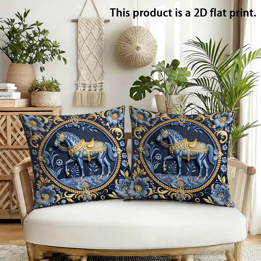 2Pcs Vintage Royal Blue Gold Horse Decorative Throw Pillow Covers For Couch Sofa Bedroom Living Room Cushion Cover