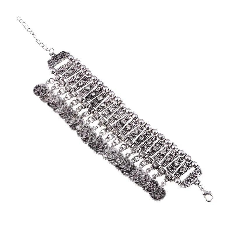 Винтажные массивные браслеты с кисточками для монет, модные металлические браслеты ручной работы с кристаллами и стразами, регулируемый этнический браслет