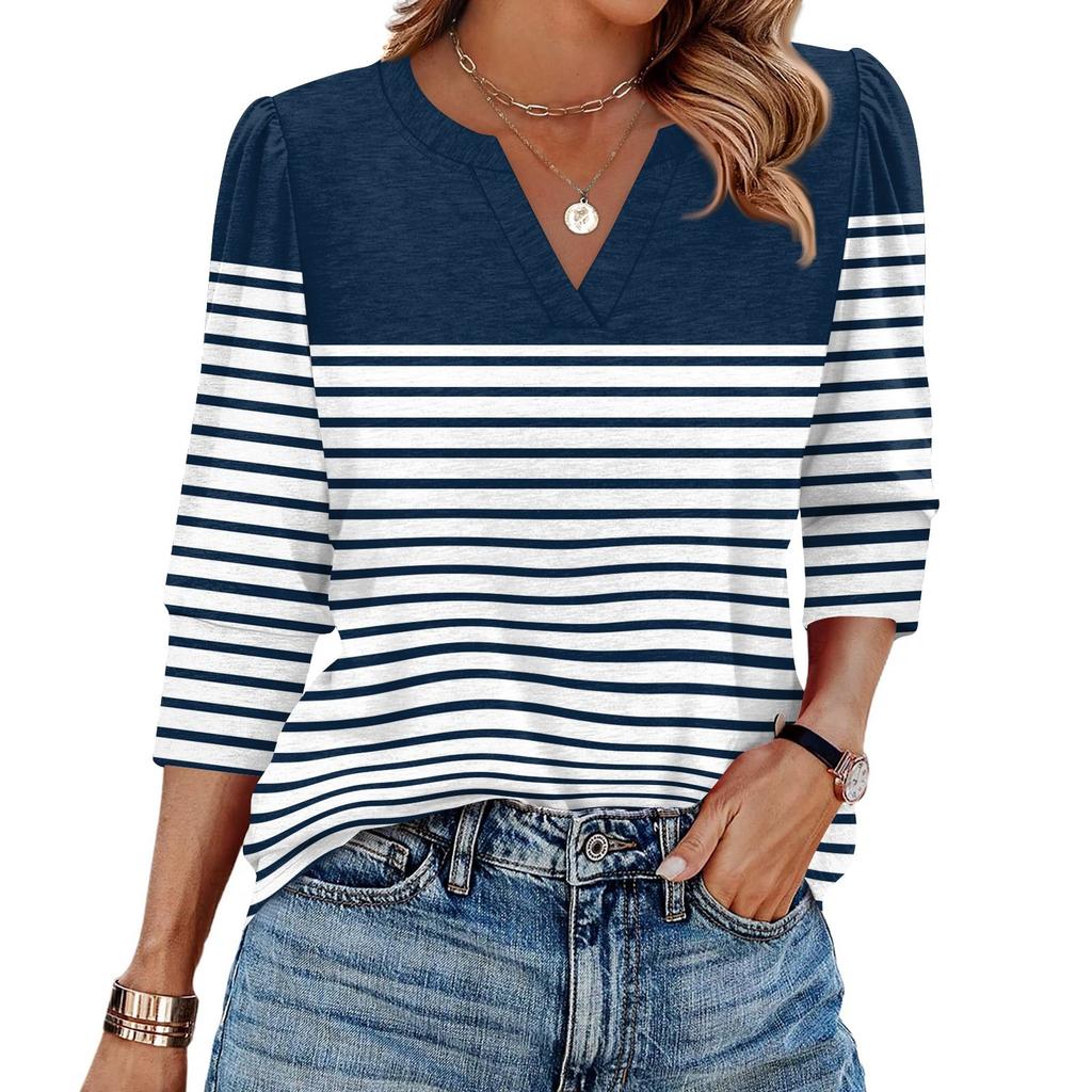 Women's Fashion Casual 3/4 Sleeve Print Shirt Women's V-Neck Tops