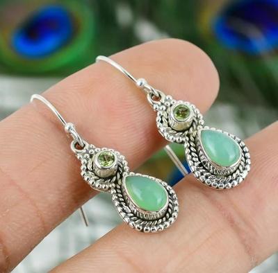 Серьги с халцедоном, Серебряные серьги ручной работы, Стерлинговое серебро 925 пробы, Серьги ручной работы, Свадебный подарок, Серьги с драгоценными камнями перидот,