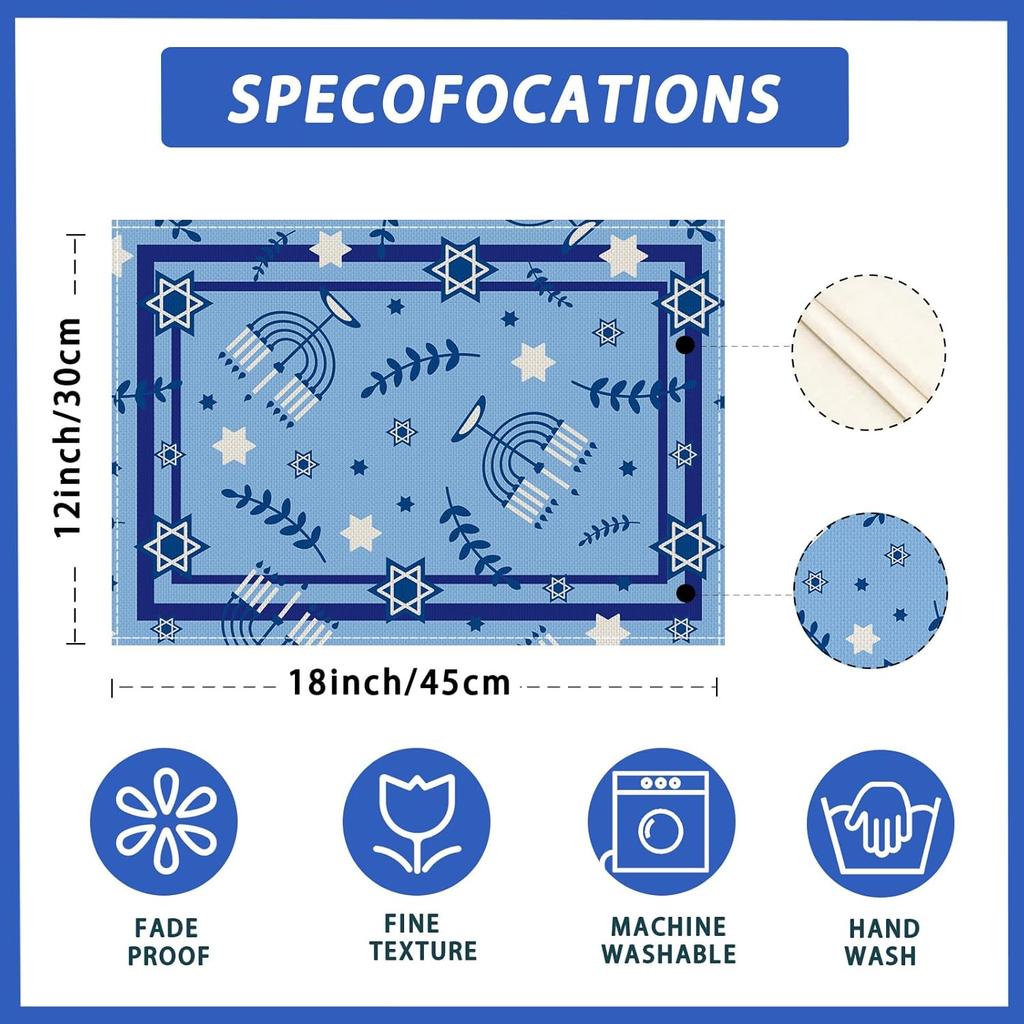 XCHI Hanukkah Six-Pointed Star Olive Leaf Chanukah Menorah Placemats Set of 4 Table Mats for Party Home Kitchen Dining Table Decorations 12x18 Inch