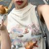 2025 Summer Women Thin Cotton Hooded Sling Tops Female Casual Slim Tank Tops Streetwear Camisole Cute Cartoon Printing Crop Tops