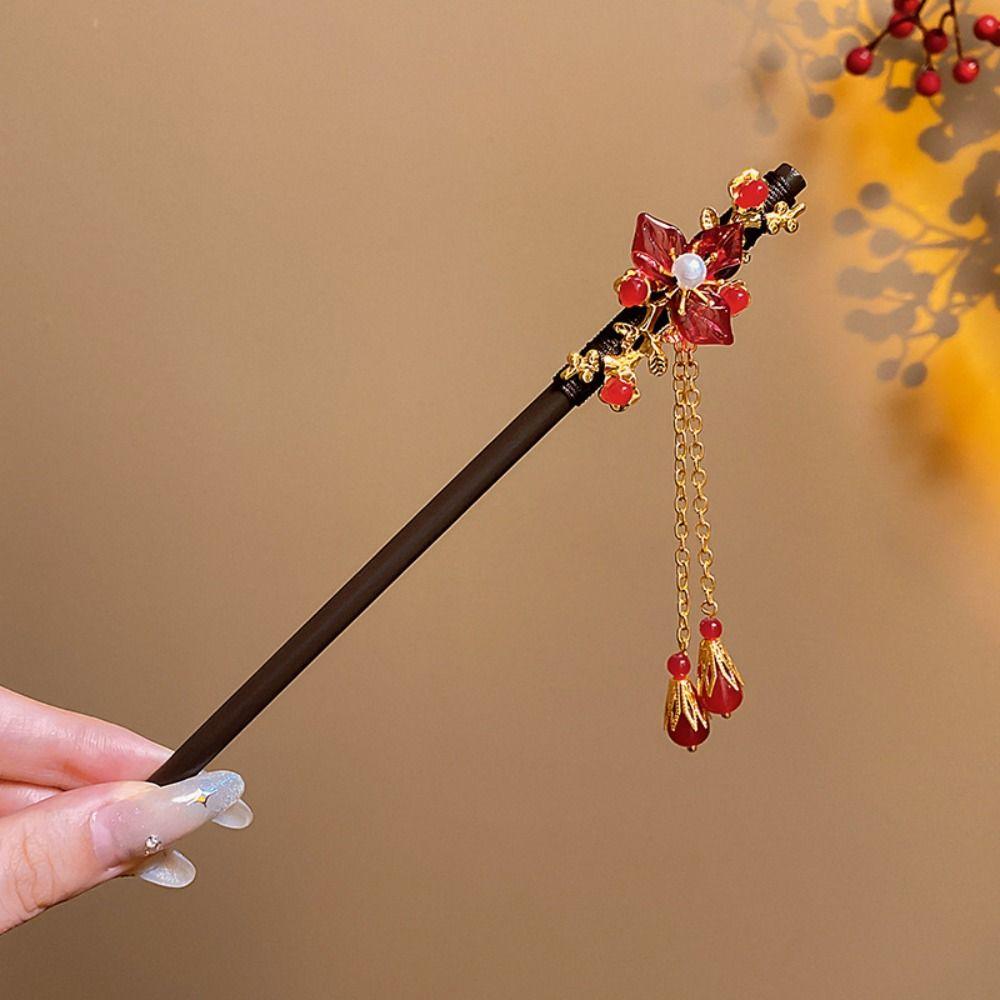 Flower Wooden Hair Stick Tassel Hanfu Hairpin Classical Cheongsam Accessories