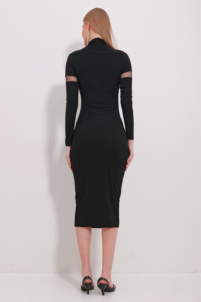 Women's Dress New Season Fashion Black High Collar Tulle Detailed Midi Dress