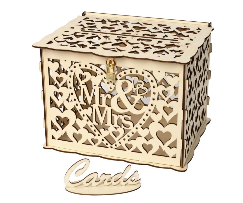 Wooden Elegant Wedding Cards Box Hollow Out Wedding Money Box with Lock for Romantic Wedding
