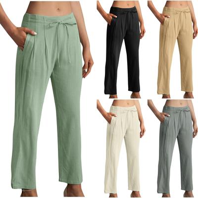 Женские льняные брюки, летние повседневные широкие брюки, свободные модные брюки-палаццо с высокой талией на шнурке и карманами