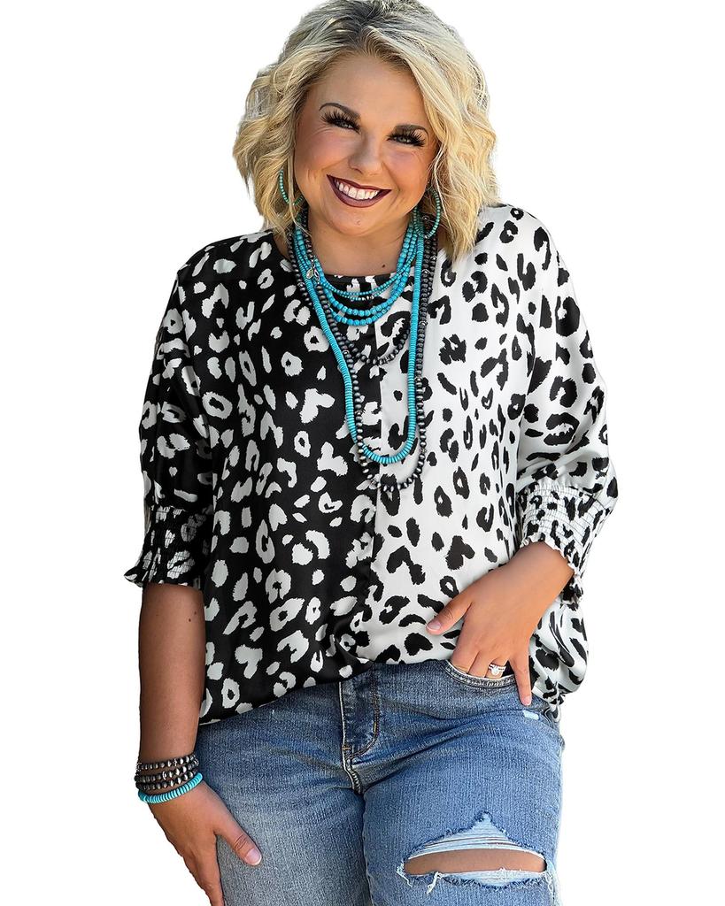 Azura Exchange Черная блузка большого размера с контрастным леопардовым принтом и короткими рукавами