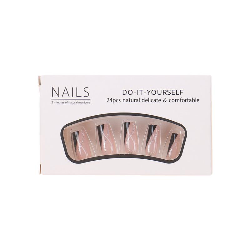 Европейские и американские острые женские средние-длинные черные полосы по краю, съемные накладные ногти с флэш-бриллиантами