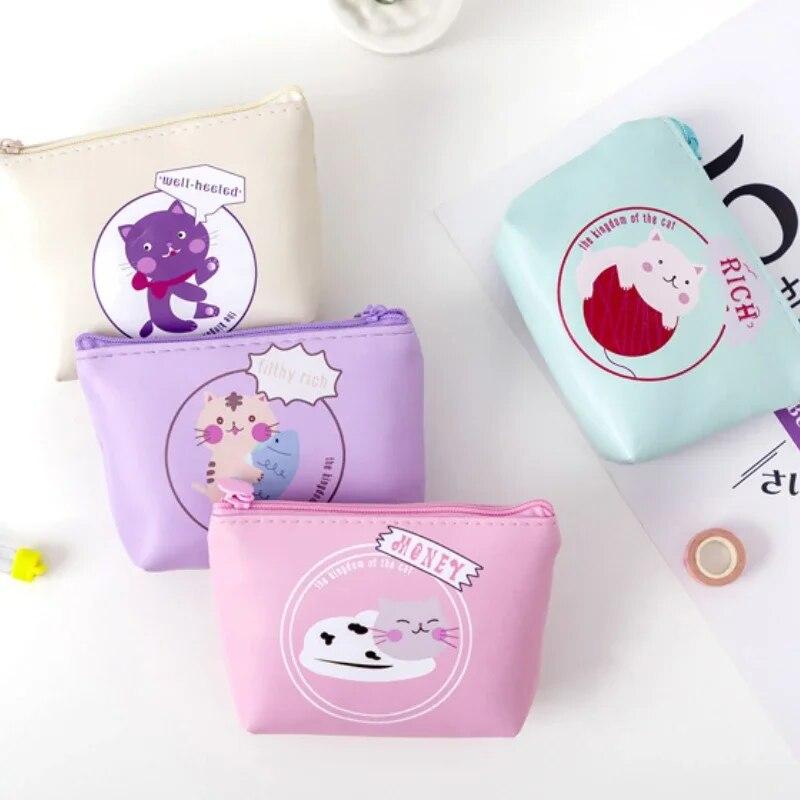 Cartoon Cute Cat Printed Coin Purse PU Multifunctional Coin Key Storage Bag Bank Credit ID Card Holder Sanitary Pad Organizer