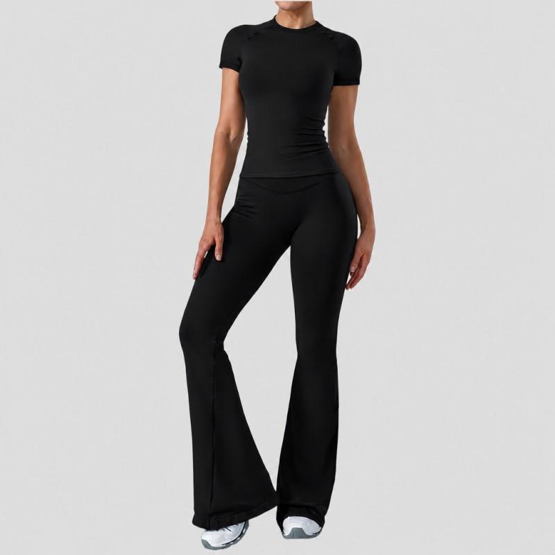 Womens High-Waisted Yoga Set With Butt-Lifting Effect Short Sleeve Top Flared Leggings Gym Fitness Running Dance