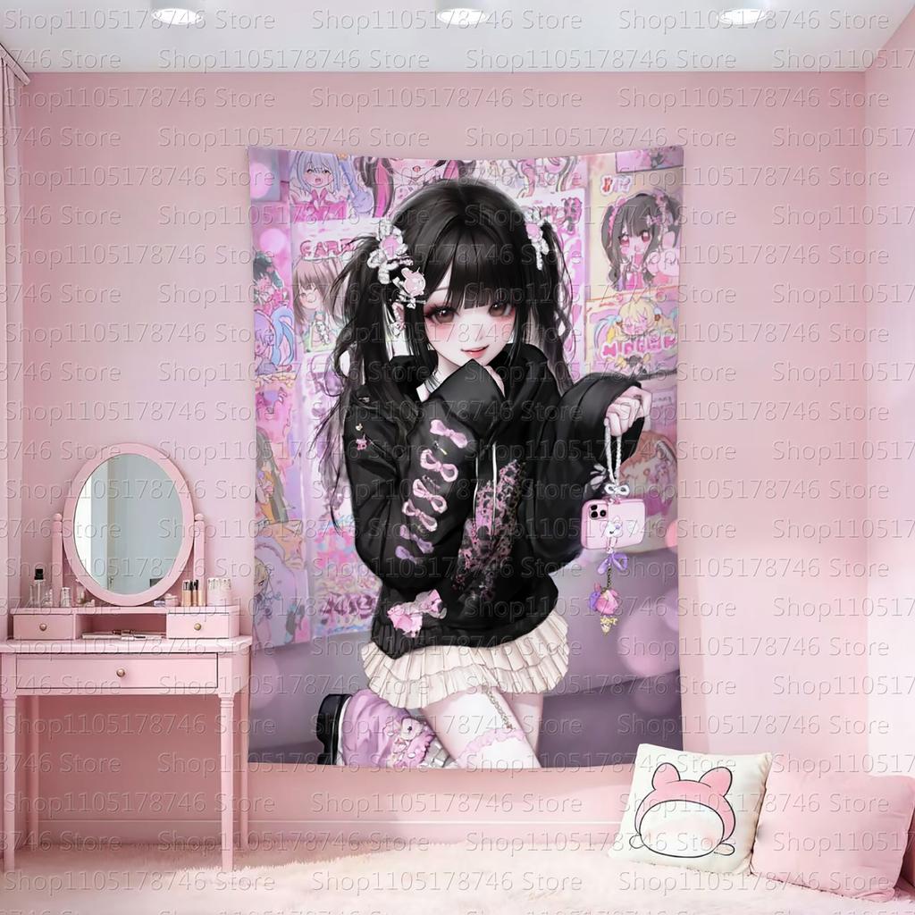 y2k black and pink wall hanging rental roomdormitory wall tapestry girly decorative cloth