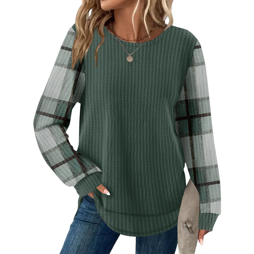 Женский повседневный топ свободного кроя с круглым вырезом и длинными рукавами в клетку