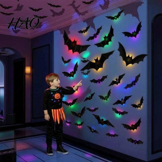 Remote Controlled LED Bat Lights 48Pcs Halloween Bats Wall Decor, Light Up Bats, 12 with Remote, Holiday Scene Lighting Decor 6 Sizes 3D Stickers for