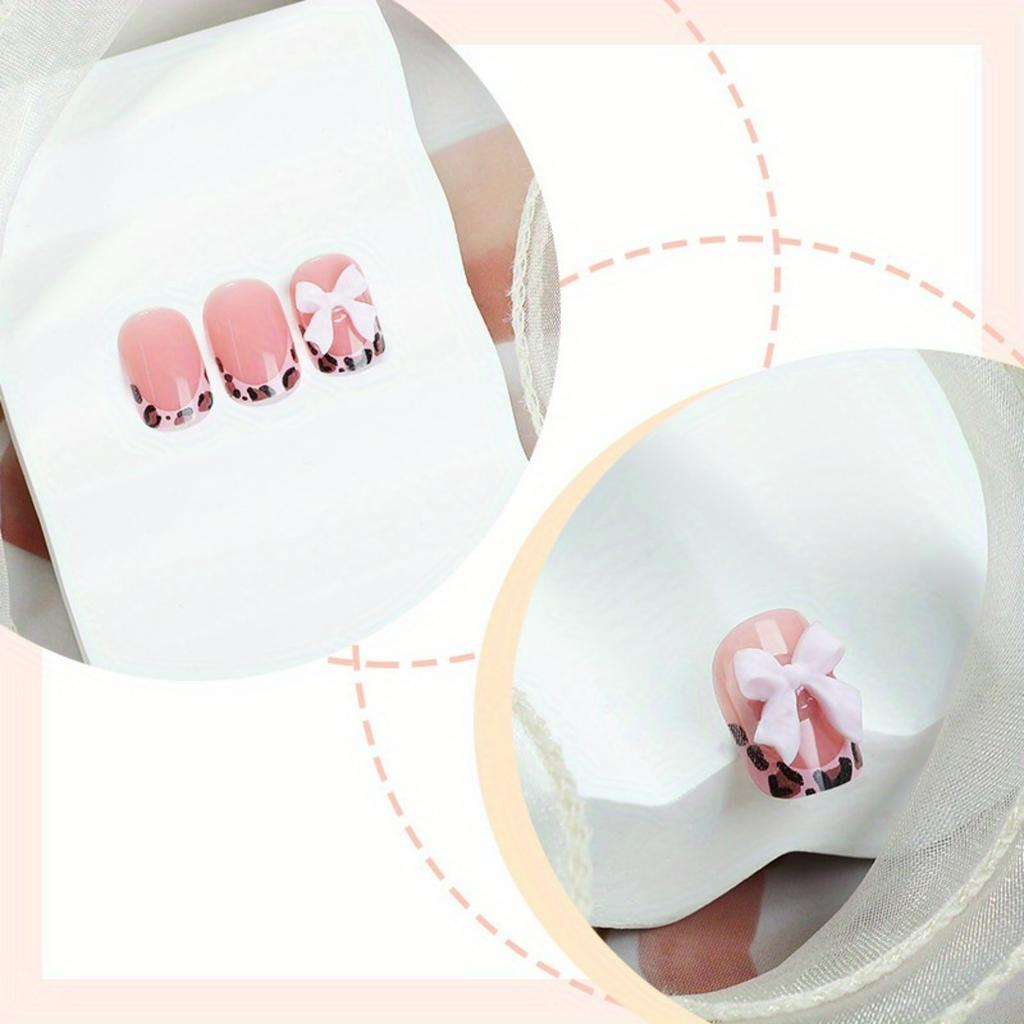 Изношенные вручную короткие розовые леопардовые накладные ногти с бантом, съемные, 24 шт.