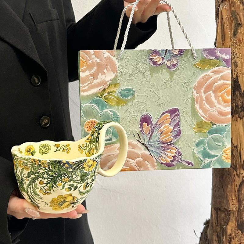 Flowering Song Handle Cup Retro Ceramic Mug Breakfast Oat Cup Afternoon Tea Coffee Cup Souvenir Birthday Gift