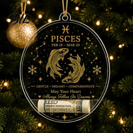 Acrylic Decorative Pendants Christmas Tree Money Holder Pendant, Transparent Round Hanging Ornament, 12 Decor Zodiac Signs Theme Accent for