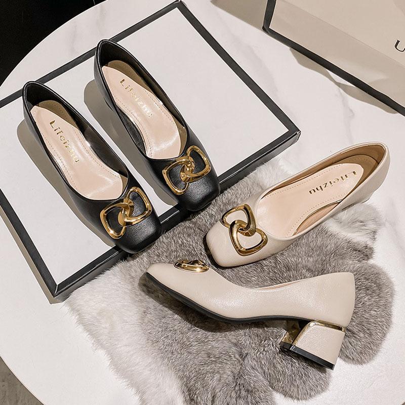 Spring Summer Shoes for Women Fashion Pumps New OL Chunky Heels High Heels Shoes Ladies Leather Boat Shoes 35-43