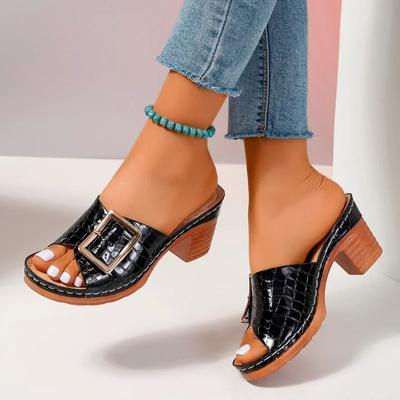 Женские тапочки, повседневные туфли из искусственной кожи на среднем толстом каблуке, элегантные шлепанцы с металлической пряжкой, черные, коричневые, на платформе