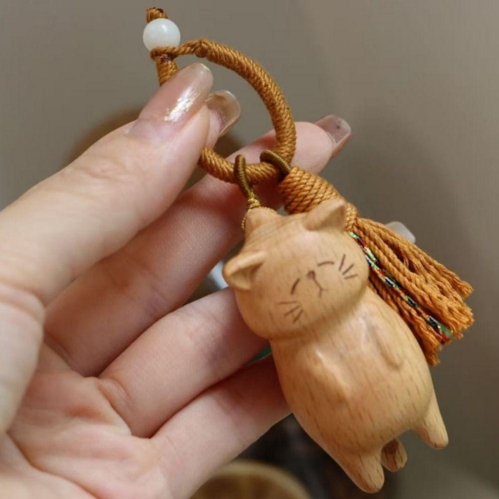 Beads Wooden Carved Cat Keychain Cartoon Animal Carved Cat Keyring  Students