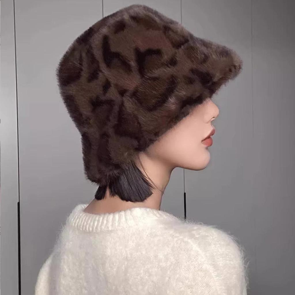 Винтажная леопардовая плюшевая панама для женщин с широкими полями, зимняя теплая пушистая меховая шапка-рыбачка, женская уличная ветрозащитная шляпа-ведро