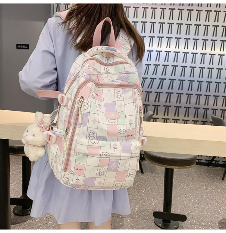 Ins Style Girls' Nylon Large Capacity Backpack For School Students Cartoon Cute Flower Pattern Grid Element